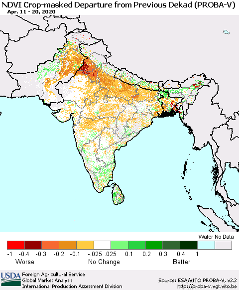 Southern Asia NDVI Crop-masked Departure from Previous Dekad (PROBA-V) Thematic Map For 4/11/2020 - 4/20/2020