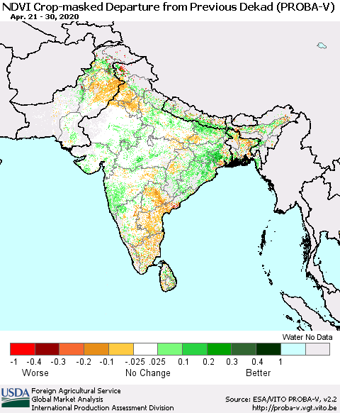 Southern Asia NDVI Crop-masked Departure from Previous Dekad (PROBA-V) Thematic Map For 4/21/2020 - 4/30/2020
