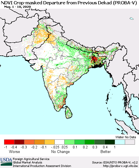 Southern Asia NDVI Crop-masked Departure from Previous Dekad (PROBA-V) Thematic Map For 5/1/2020 - 5/10/2020