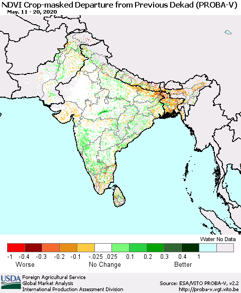Southern Asia NDVI Crop-masked Departure from Previous Dekad (PROBA-V) Thematic Map For 5/11/2020 - 5/20/2020