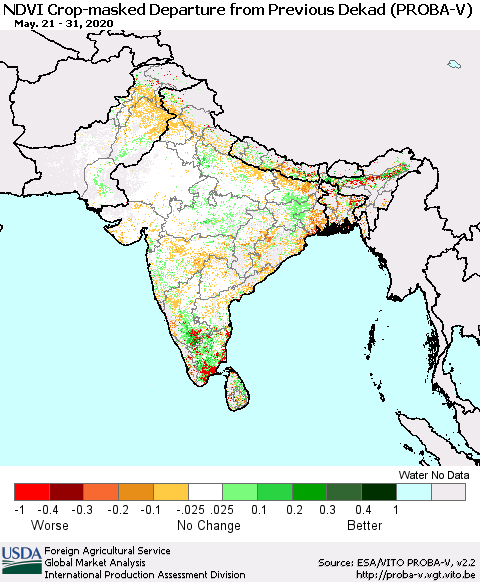 Southern Asia NDVI Crop-masked Departure from Previous Dekad (PROBA-V) Thematic Map For 5/21/2020 - 5/31/2020
