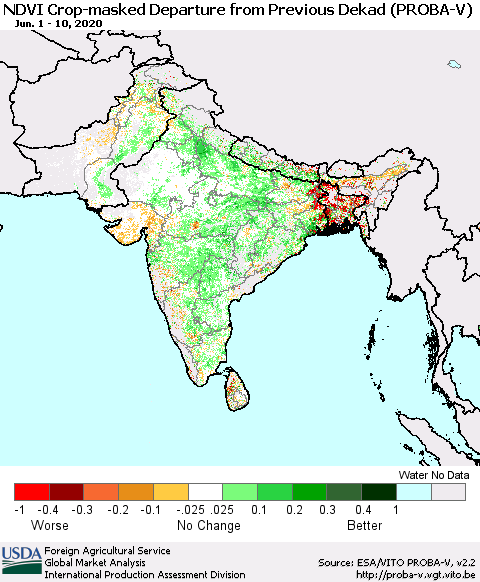 Southern Asia NDVI Crop-masked Departure from Previous Dekad (PROBA-V) Thematic Map For 6/1/2020 - 6/10/2020