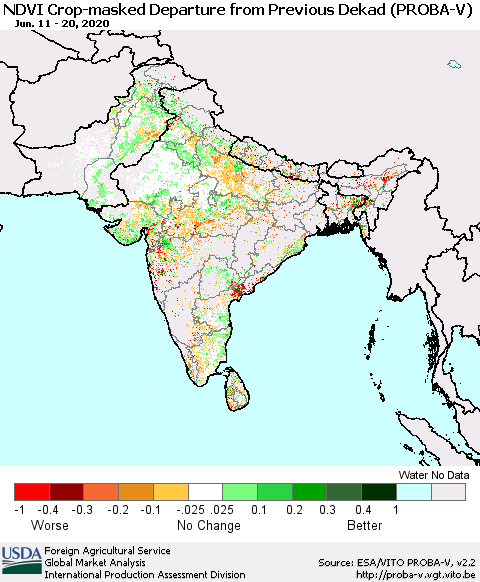 Southern Asia NDVI Crop-masked Departure from Previous Dekad (PROBA-V) Thematic Map For 6/11/2020 - 6/20/2020