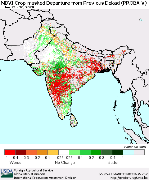 Southern Asia NDVI Crop-masked Departure from Previous Dekad (PROBA-V) Thematic Map For 6/21/2020 - 6/30/2020
