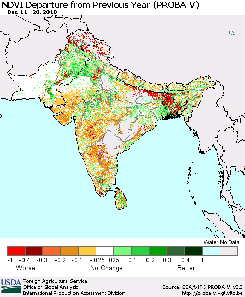 Southern Asia NDVI Departure from Previous Year (PROBA-V) Thematic Map For 12/11/2018 - 12/20/2018