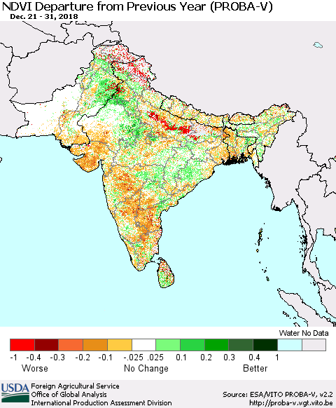 Southern Asia NDVI Departure from Previous Year (PROBA-V) Thematic Map For 12/21/2018 - 12/31/2018
