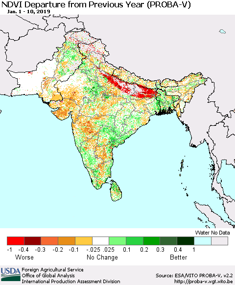 Southern Asia NDVI Departure from Previous Year (PROBA-V) Thematic Map For 1/1/2019 - 1/10/2019
