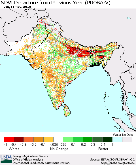 Southern Asia NDVI Departure from Previous Year (PROBA-V) Thematic Map For 1/11/2019 - 1/20/2019