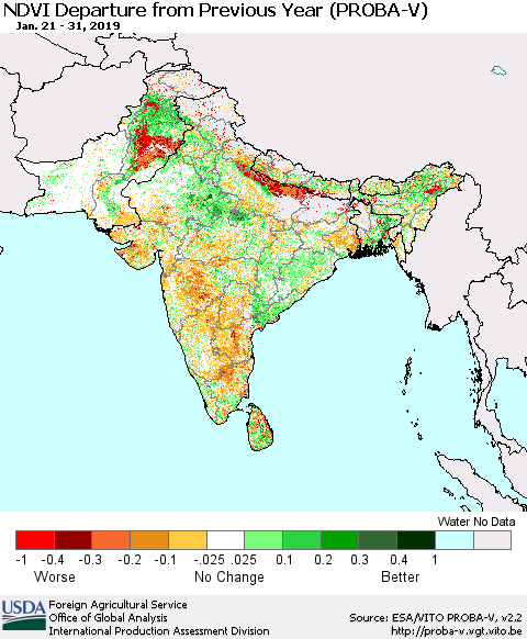 Southern Asia NDVI Departure from Previous Year (PROBA-V) Thematic Map For 1/21/2019 - 1/31/2019