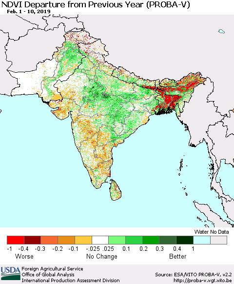Southern Asia NDVI Departure from Previous Year (PROBA-V) Thematic Map For 2/1/2019 - 2/10/2019