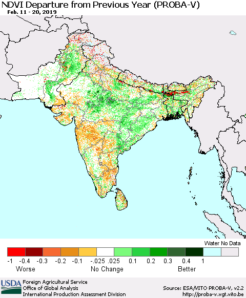 Southern Asia NDVI Departure from Previous Year (PROBA-V) Thematic Map For 2/11/2019 - 2/20/2019