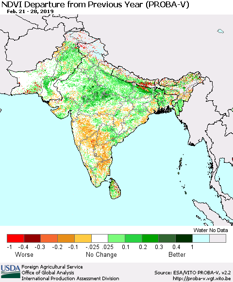 Southern Asia NDVI Departure from Previous Year (PROBA-V) Thematic Map For 2/21/2019 - 2/28/2019
