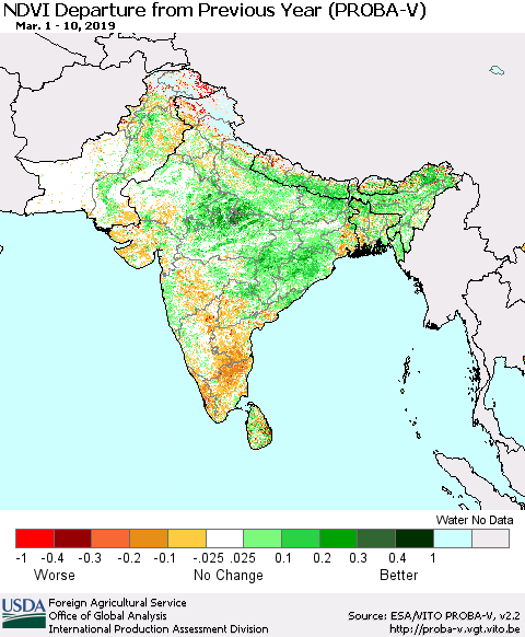 Southern Asia NDVI Departure from Previous Year (PROBA-V) Thematic Map For 3/1/2019 - 3/10/2019
