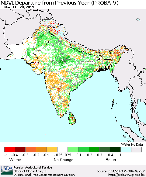 Southern Asia NDVI Departure from Previous Year (PROBA-V) Thematic Map For 3/11/2019 - 3/20/2019