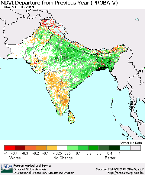 Southern Asia NDVI Departure from Previous Year (PROBA-V) Thematic Map For 3/21/2019 - 3/31/2019