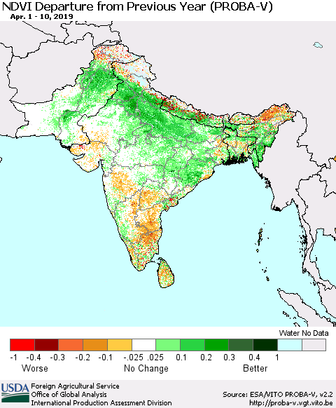 Southern Asia NDVI Departure from Previous Year (PROBA-V) Thematic Map For 4/1/2019 - 4/10/2019