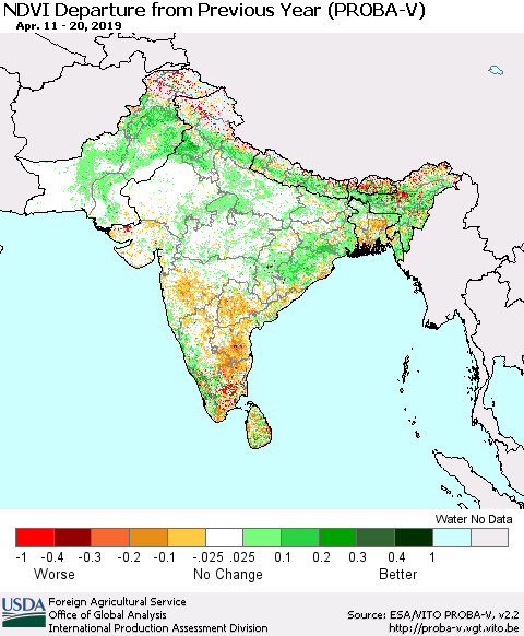 Southern Asia NDVI Departure from Previous Year (PROBA-V) Thematic Map For 4/11/2019 - 4/20/2019