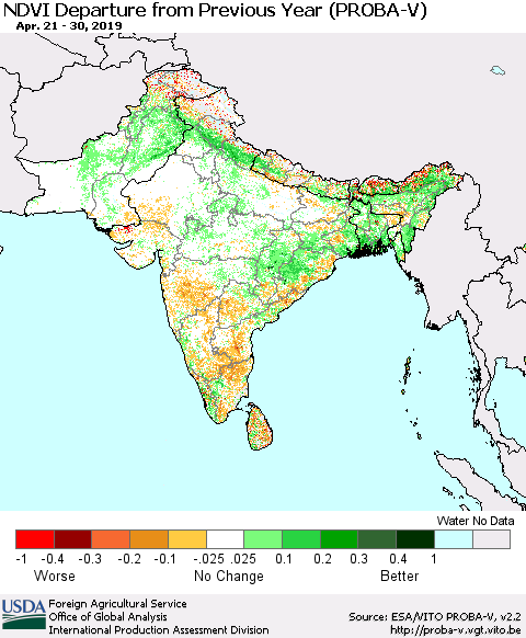 Southern Asia NDVI Departure from Previous Year (PROBA-V) Thematic Map For 4/21/2019 - 4/30/2019