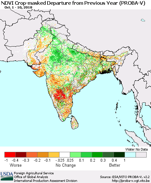 Southern Asia NDVI Crop-masked Departure from Previous Year (PROBA-V) Thematic Map For 10/1/2018 - 10/10/2018