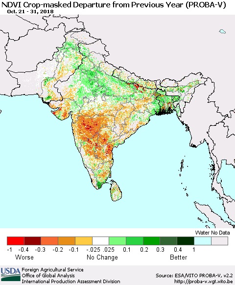 Southern Asia NDVI Crop-masked Departure from Previous Year (PROBA-V) Thematic Map For 10/21/2018 - 10/31/2018