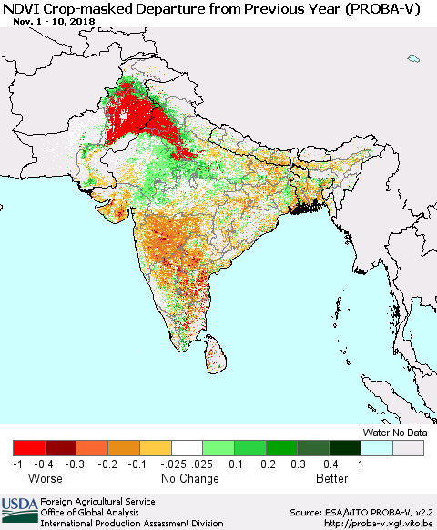 Southern Asia NDVI Crop-masked Departure from Previous Year (PROBA-V) Thematic Map For 11/1/2018 - 11/10/2018