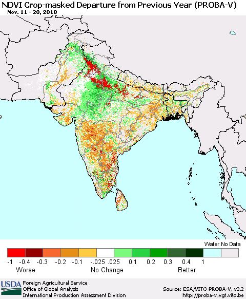 Southern Asia NDVI Crop-masked Departure from Previous Year (PROBA-V) Thematic Map For 11/11/2018 - 11/20/2018