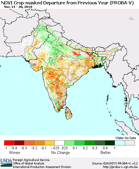 Southern Asia NDVI Crop-masked Departure from Previous Year (PROBA-V) Thematic Map For 11/21/2018 - 11/30/2018