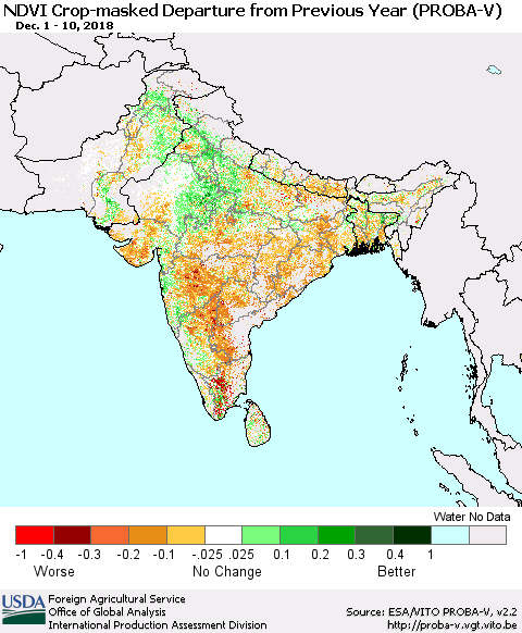 Southern Asia NDVI Crop-masked Departure from Previous Year (PROBA-V) Thematic Map For 12/1/2018 - 12/10/2018
