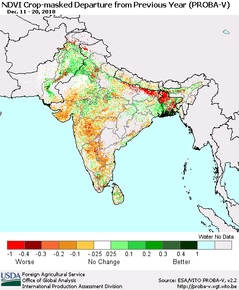 Southern Asia NDVI Crop-masked Departure from Previous Year (PROBA-V) Thematic Map For 12/11/2018 - 12/20/2018
