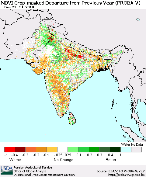 Southern Asia NDVI Crop-masked Departure from Previous Year (PROBA-V) Thematic Map For 12/21/2018 - 12/31/2018