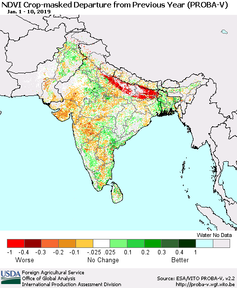 Southern Asia NDVI Crop-masked Departure from Previous Year (PROBA-V) Thematic Map For 1/1/2019 - 1/10/2019