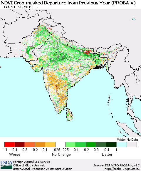 Southern Asia NDVI Crop-masked Departure from Previous Year (PROBA-V) Thematic Map For 2/21/2019 - 2/28/2019