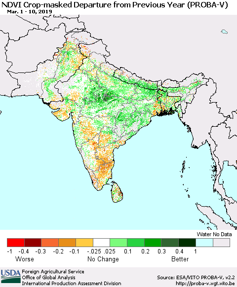 Southern Asia NDVI Crop-masked Departure from Previous Year (PROBA-V) Thematic Map For 3/1/2019 - 3/10/2019