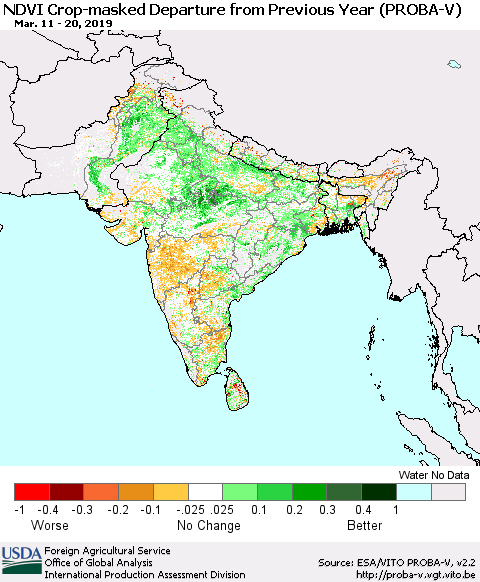 Southern Asia NDVI Crop-masked Departure from Previous Year (PROBA-V) Thematic Map For 3/11/2019 - 3/20/2019