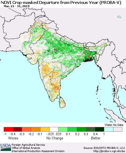 Southern Asia NDVI Crop-masked Departure from Previous Year (PROBA-V) Thematic Map For 3/21/2019 - 3/31/2019