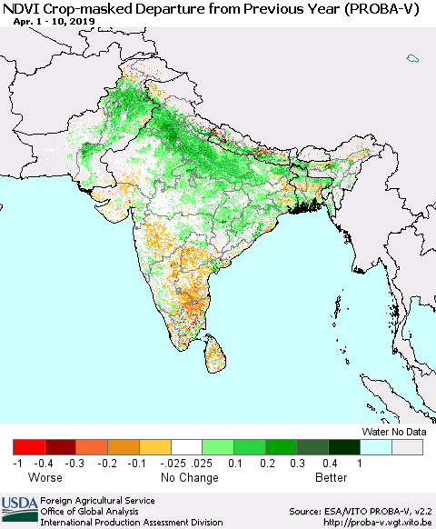 Southern Asia NDVI Crop-masked Departure from Previous Year (PROBA-V) Thematic Map For 4/1/2019 - 4/10/2019