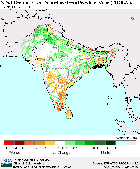Southern Asia NDVI Crop-masked Departure from Previous Year (PROBA-V) Thematic Map For 4/11/2019 - 4/20/2019