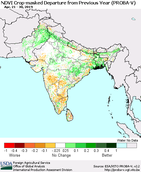 Southern Asia NDVI Crop-masked Departure from Previous Year (PROBA-V) Thematic Map For 4/21/2019 - 4/30/2019