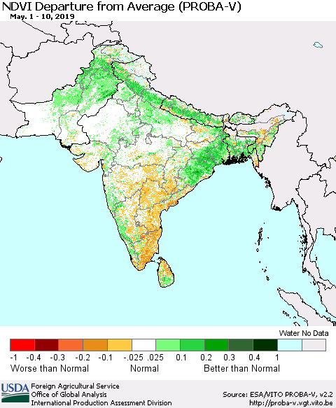 Southern Asia NDVI Departure from Average (PROBA-V) Thematic Map For 5/1/2019 - 5/10/2019