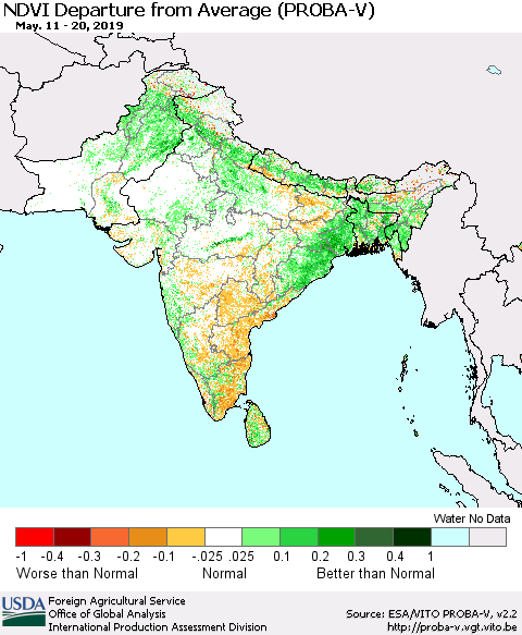 Southern Asia NDVI Departure from Average (PROBA-V) Thematic Map For 5/11/2019 - 5/20/2019