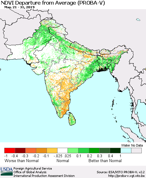 Southern Asia NDVI Departure from Average (PROBA-V) Thematic Map For 5/21/2019 - 5/31/2019
