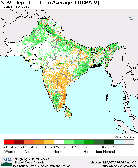 Southern Asia NDVI Departure from Average (PROBA-V) Thematic Map For 6/1/2019 - 6/10/2019