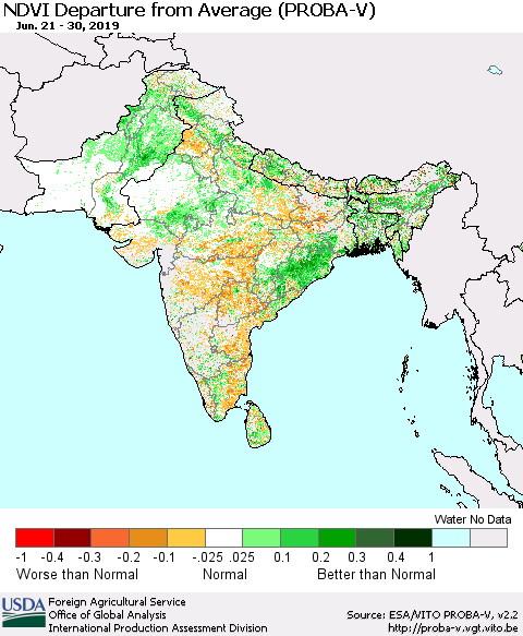 Southern Asia NDVI Departure from Average (PROBA-V) Thematic Map For 6/21/2019 - 6/30/2019