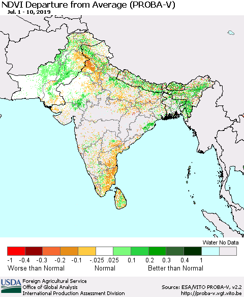 Southern Asia NDVI Departure from Average (PROBA-V) Thematic Map For 7/1/2019 - 7/10/2019