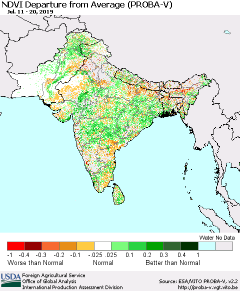 Southern Asia NDVI Departure from Average (PROBA-V) Thematic Map For 7/11/2019 - 7/20/2019