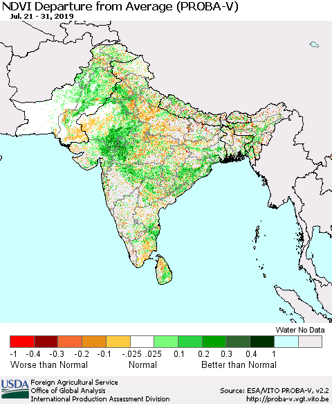 Southern Asia NDVI Departure from Average (PROBA-V) Thematic Map For 7/21/2019 - 7/31/2019