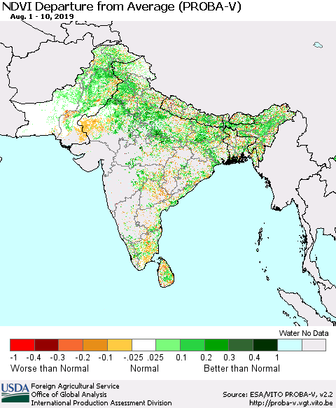 Southern Asia NDVI Departure from Average (PROBA-V) Thematic Map For 8/1/2019 - 8/10/2019