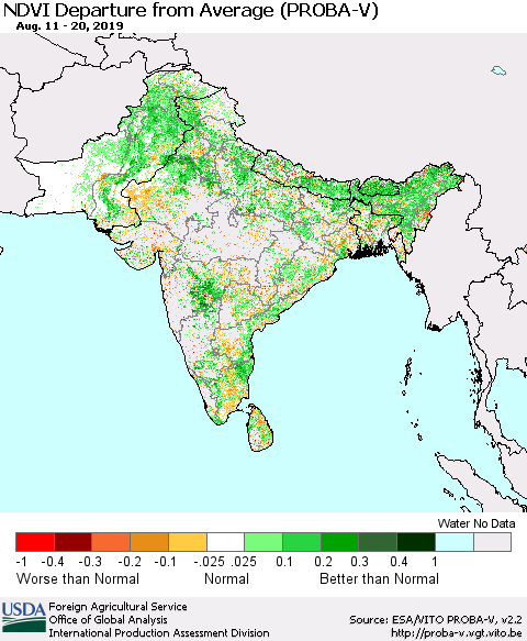 Southern Asia NDVI Departure from Average (PROBA-V) Thematic Map For 8/11/2019 - 8/20/2019