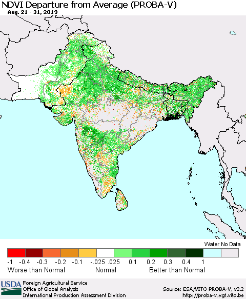 Southern Asia NDVI Departure from Average (PROBA-V) Thematic Map For 8/21/2019 - 8/31/2019