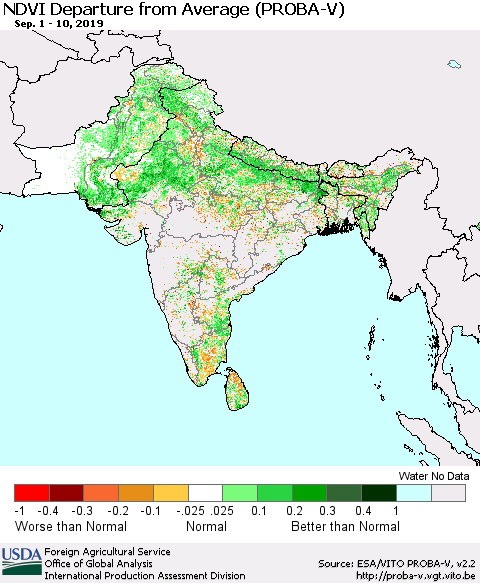 Southern Asia NDVI Departure from Average (PROBA-V) Thematic Map For 9/1/2019 - 9/10/2019